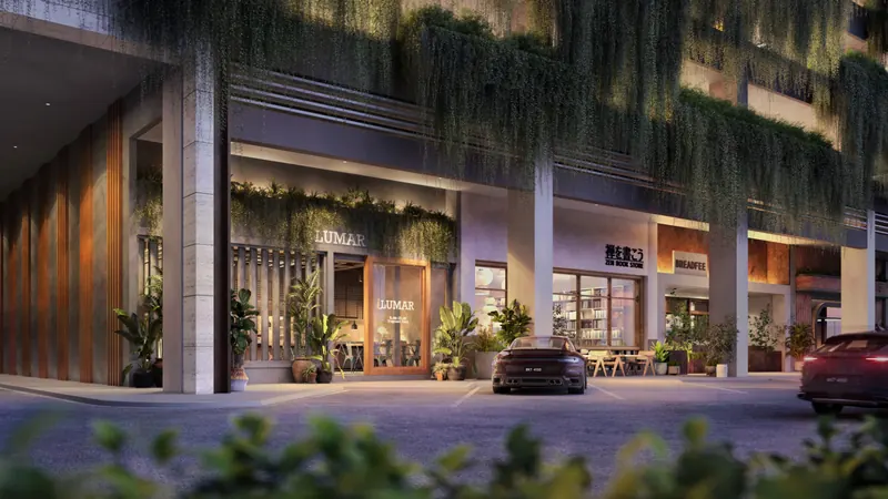Alora Residences signature retail shops at ground level under hanging greenery