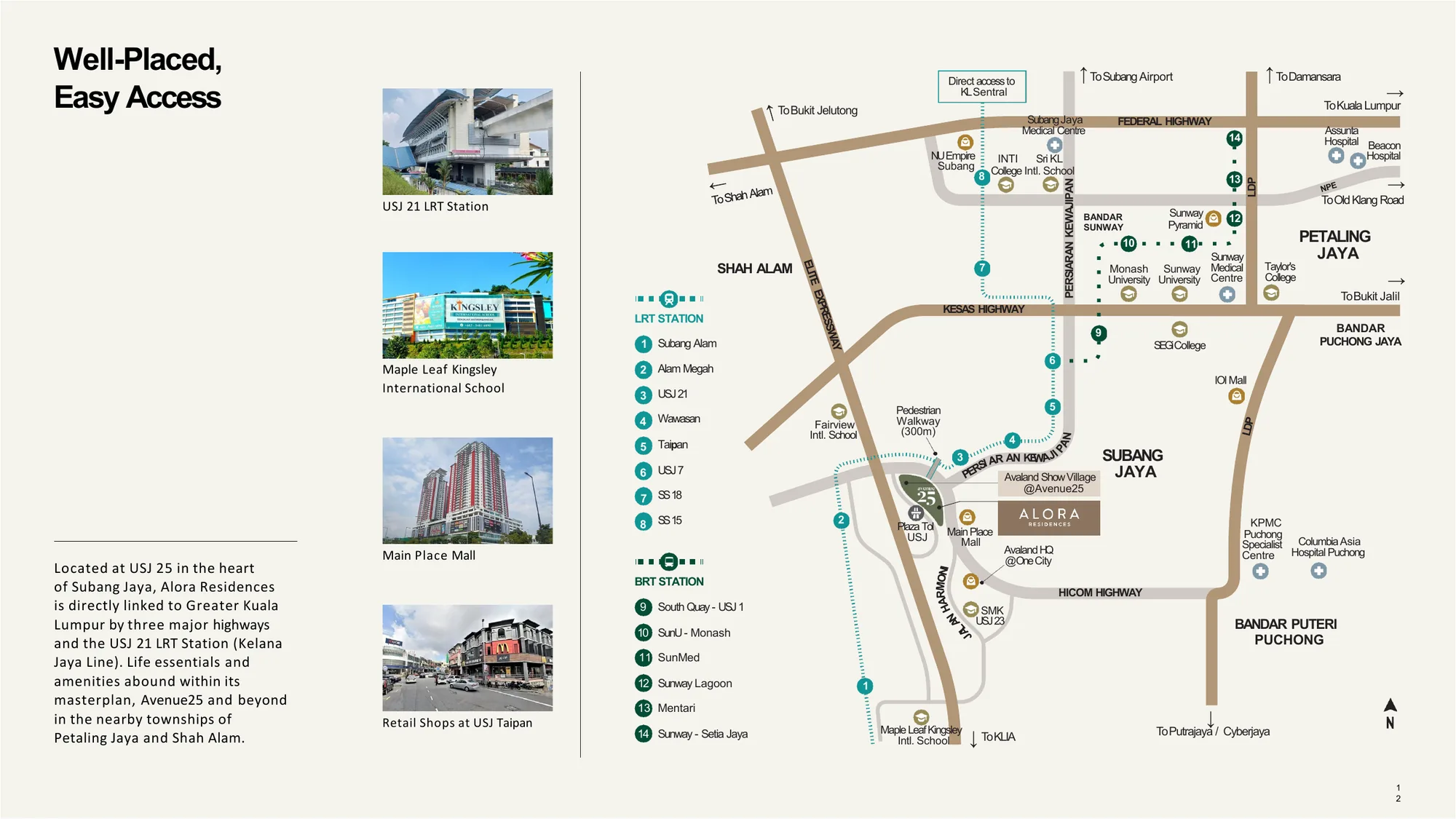 Alora Residences location map showing USJ21 LRT, LDP, ELITE, KESAS and Federal Highway
