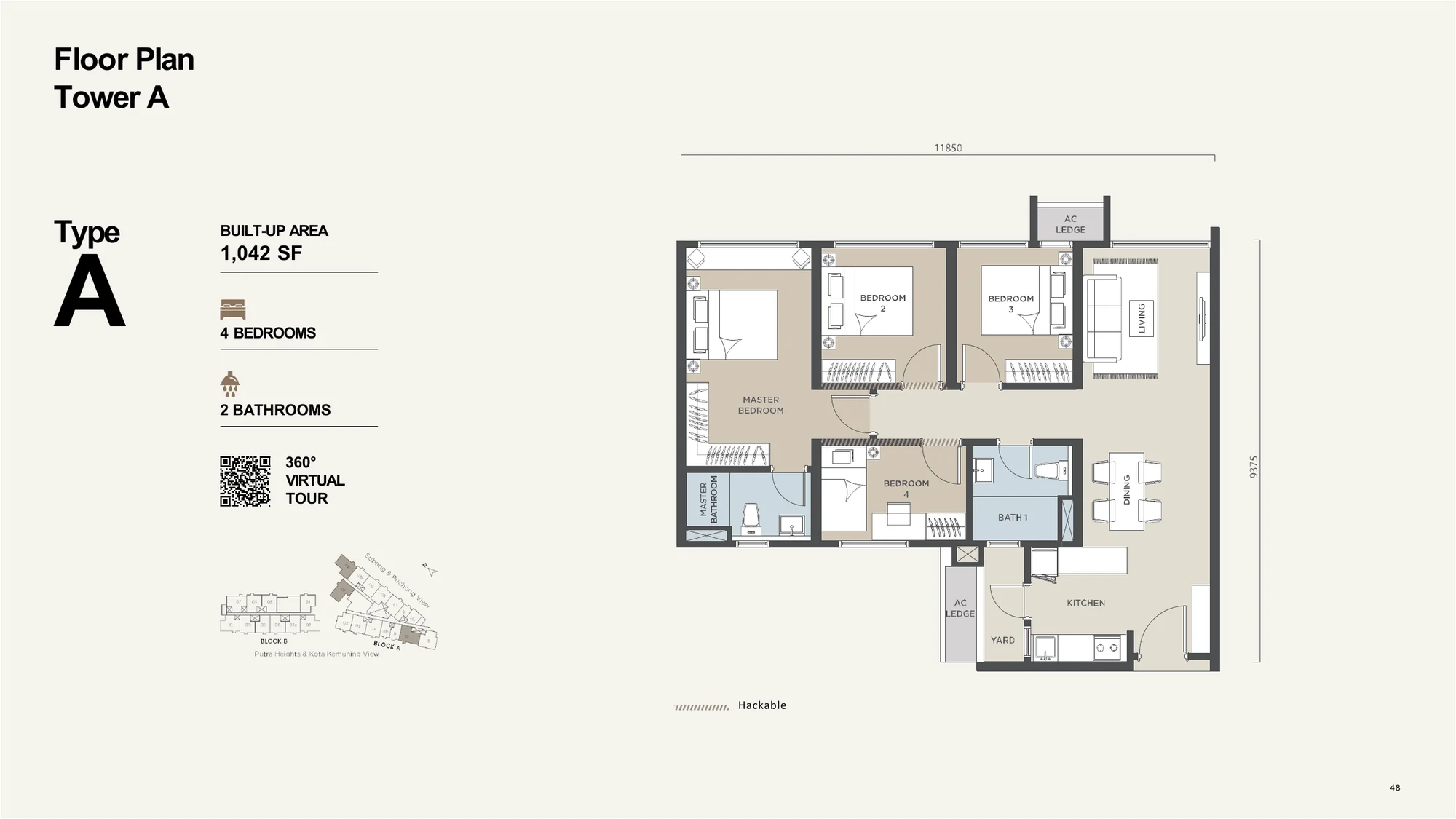 Alora Residences Type A floor plan, 1,042 sq.ft., 4 bedrooms, 2 bathrooms