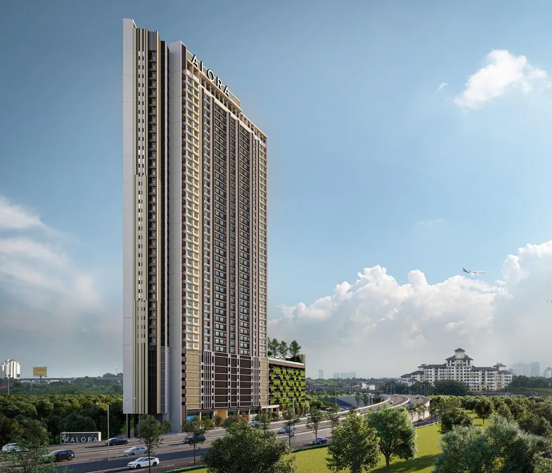 Alora Residences tower with landscaped podium and retail at ground level